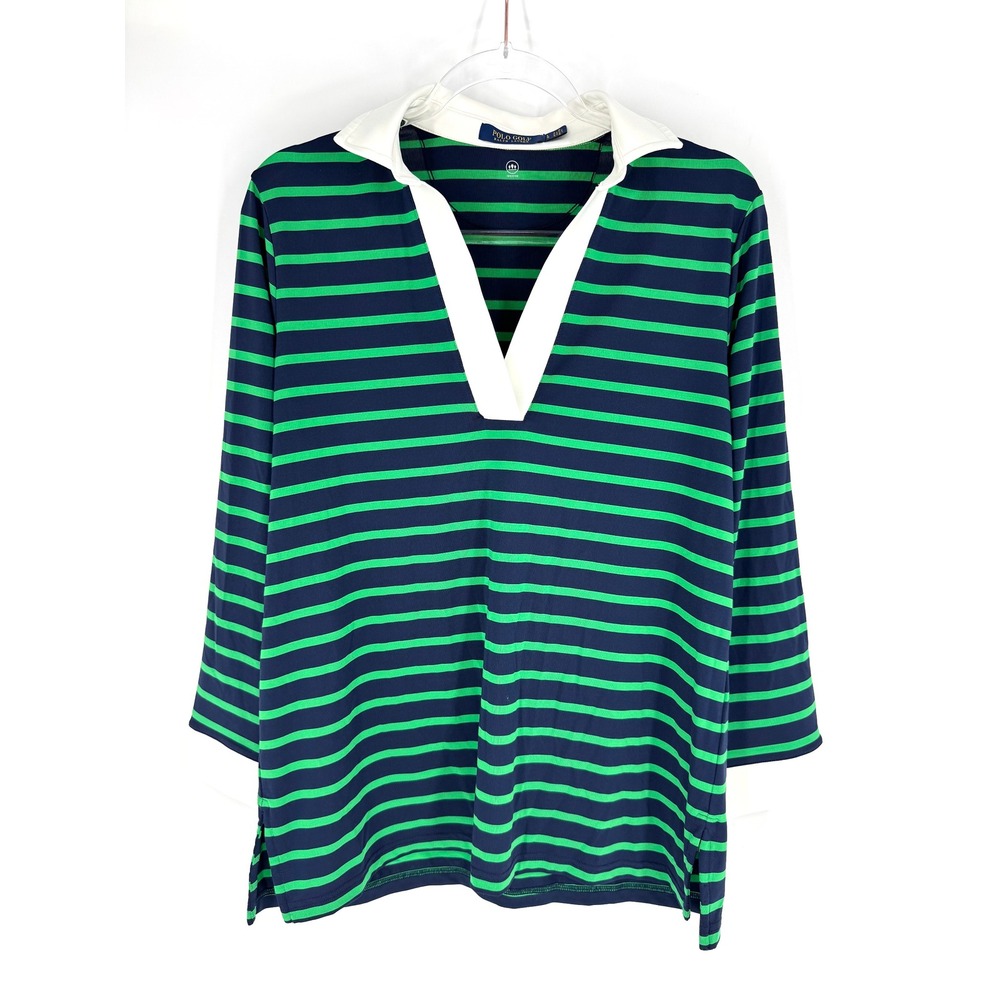 Polo Golf Ralph Lauren Striped V-Neck Performance Top Navy Green Womens Large